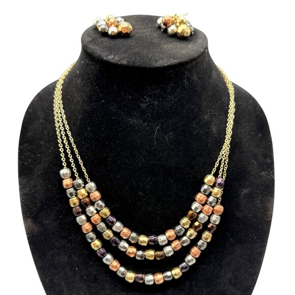 Multi-Strand Beaded Necklace & Earrings Set pierced gold bronze color clasp READ - Picture 1 of 4